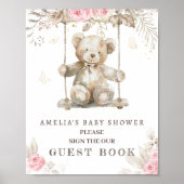 Poster Blush Floral Teddy Bear Baby shower Livre d'invité (Devant)