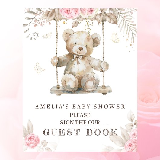 Poster Blush Floral Teddy Bear Baby shower Livre d'invité