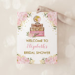 Poster Blush Gold Floral Travel Fête des mariées<br><div class="desc">Panneau d'accueil à thème Voyage pour la douche nuptiale,  baby shower,  mariage...  avec élégantes fleurs rose vif,  valises vintages et un joli globe</div>