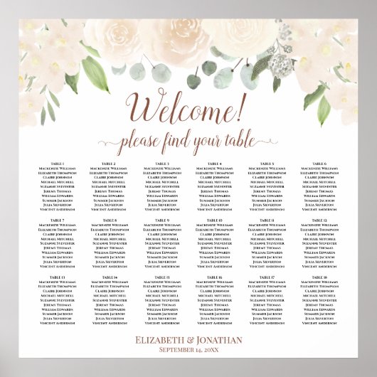 Poster Blush Peach Roses 18 Table Wedding Seating Chart (Devant)