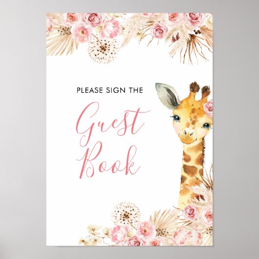 Poster Blush Pink Boho Giraffe Baby shower livre d'hôte (Devant)
