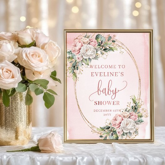 Poster Blush Pink Floral Eucalyptus Welcome Baby Shower  