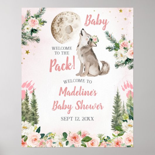 Poster Blush Pink Floral Moon Forest Wolf Welcome Sign (Devant)