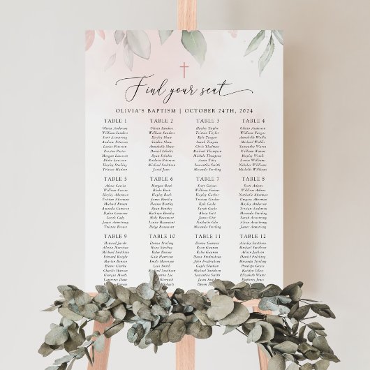 Poster Blush Pink Flowers, Boho, Baptism Seating Chart