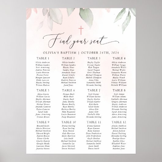Poster Blush Pink Flowers, Boho, Baptism Seating Chart (Devant)
