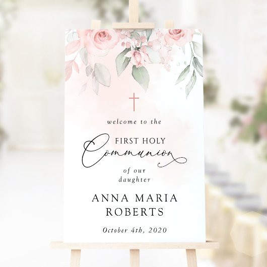 Poster Blush Pink Flowers, First Holy Communion Welcome