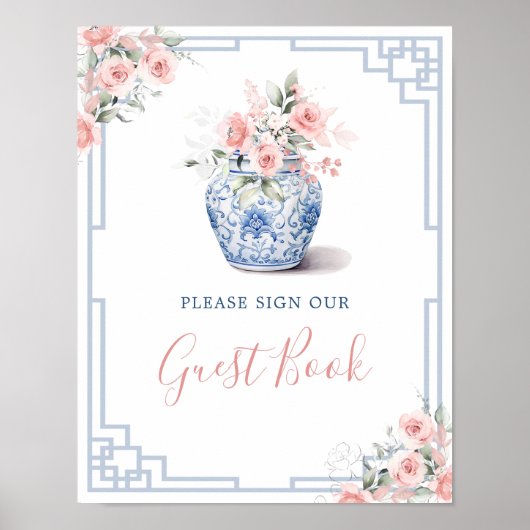 Poster Blush Pink Ginger Jar Chinoiserie Baby Guest Book (Devant)