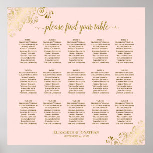 Poster Blush Pink & Gold 15 Table Wedding Seating Chart