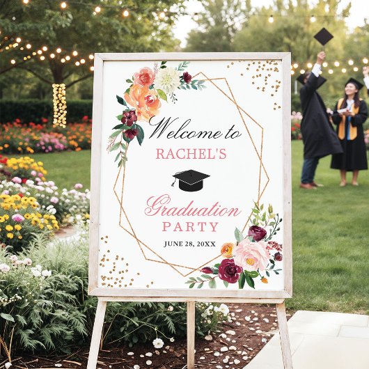 Poster Blush Pink Gold Floral Graduation Party Bienvenue