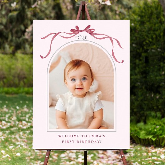 Poster Blush Pink Red Bow 1st Birthday Photo Welcome