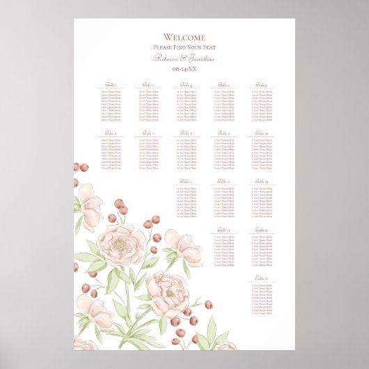 Poster Blush Pink Roses Modern Wedding Seating Chart (Devant)