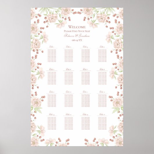 Poster Blush Pink Roses Wedding Seating Chart (Devant)