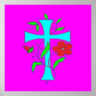 POSTER BLUSHING PINK WITH A BLUE CROSS AND RED FLOWER