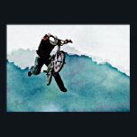 Poster BMX Freestyle Bicycle<br><div class="desc">Un tour de vélo audacieux en plein air après avoir monté une rampe en pente. Couleurs bleues vives dans un style artistique cool et ludique peint. Ajoutez un nom ou une entreprise à personnaliser pour les amateurs de bmx extrêmes,  les propriétaires de magasins de sport,  etc.</div>