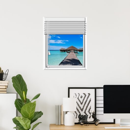 Poster Boardwalk Pier Vue Mer Faux Fenêtre Avec Aveugles (Bureau à domicile)