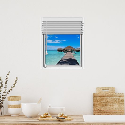 Poster Boardwalk Pier Vue Mer Faux Fenêtre Avec Aveugles (Cuisine)