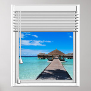 Poster Boardwalk Pier Vue Mer Faux Fenêtre Avec Aveugles