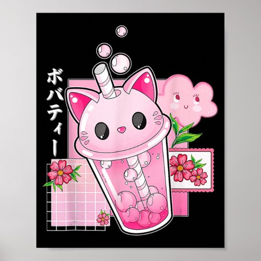 Poster Boba Thé Chat Bubble Thé Kawaii Anime Japonaise Fi (Devant)