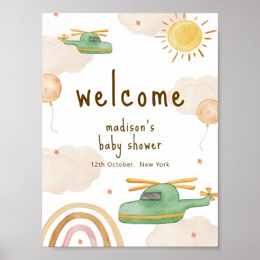 Poster Boho Adventure Helicopter Baby Shower Welcome  (Devant)