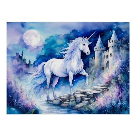 Poster Boho Aquarelle Blanc Unicorne Près Du Vieux Châtea (Devant)