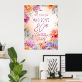 Poster Boho Aster Flowers Floral 80th Birthday Party (Bureau à domicile)
