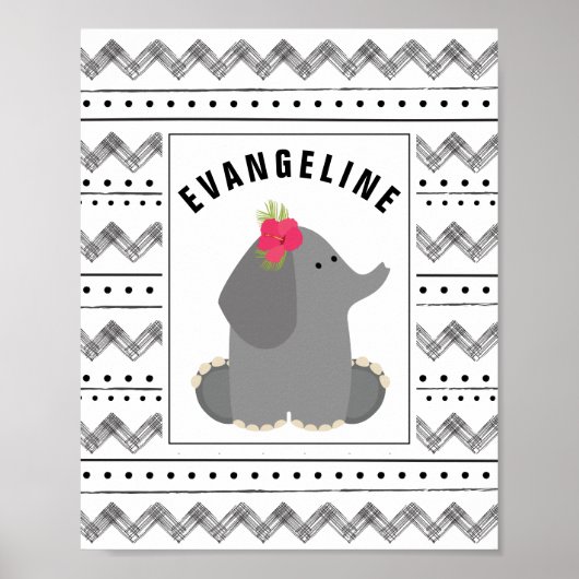 Poster Boho Baby Elephant Floral Noir + Pépinière blanche (Devant)