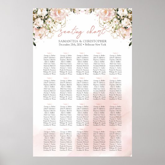 Poster Boho bleu rose fleurs or 20 tables Siège (Devant)