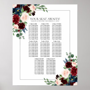 Poster Boho Bloom   Burgundy et Marine Blue Seating Chart