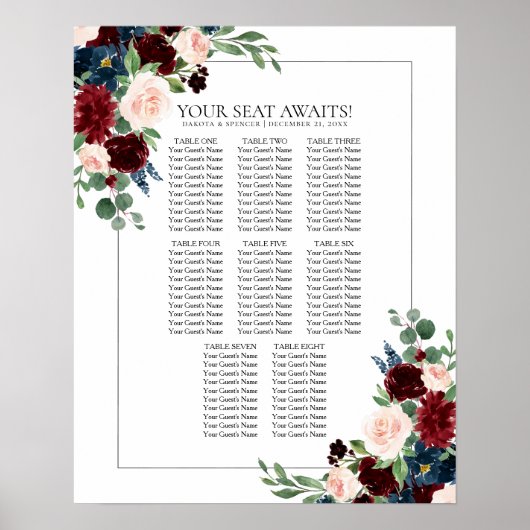 Poster Boho Bloom | Burgundy et Marine Blue Seating Chart (Devant)