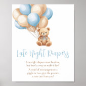 Poster Boho Blue Balloon Bear Baby Late Night Diapers (Devant)