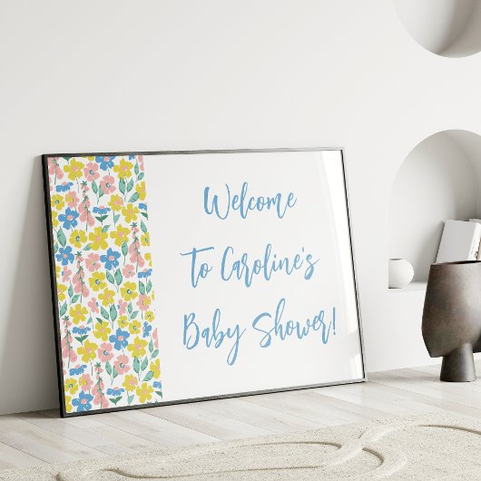 Poster Boho Blue Ditsy Floral Custom Baby shower Bienvenu