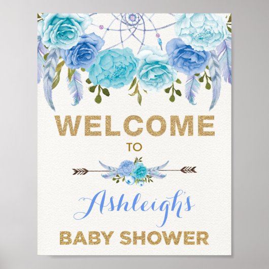Poster Boho Blue Floral Dreamcatcher Baby shower Bienvenu (Devant)