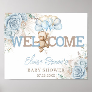 Poster Boho Blue Floral Pampas Baby shower Ours Bienvenue