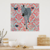 Poster Boho Blue Zebra & Butterflies Damask (Cuisine)