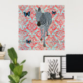 Poster Boho Blue Zebra & Butterflies Damask (Bureau à domicile)