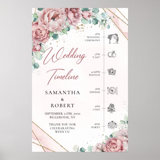 Poster Boho blush floral eucalyprus gold wedding Timeline (Devant)
