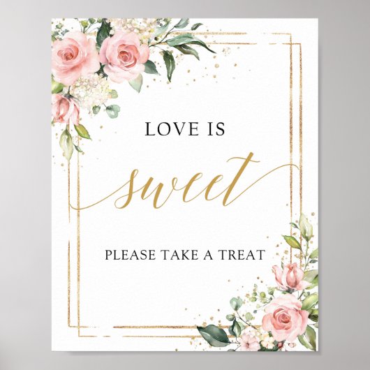 Poster Boho blush floral gold frame love is sweet sign (Devant)
