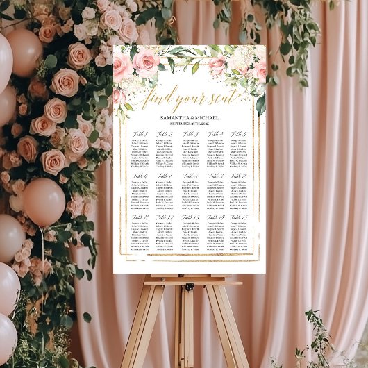 Poster Boho blush pink floral gold wedding seating chart