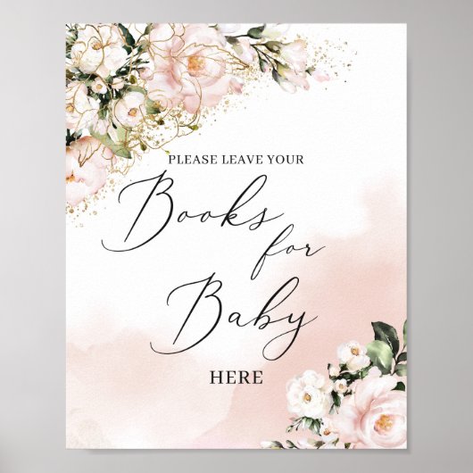 Poster Boho blush rose floral livres or pour bébé signe (Devant)
