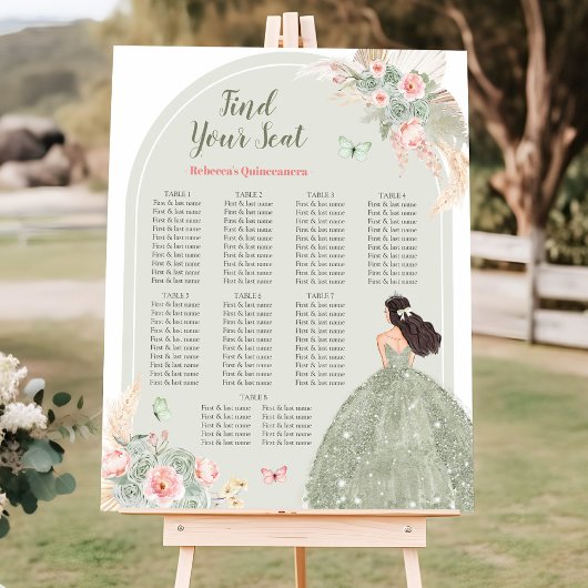 Poster Boho Blush Rose Sage Vert 15 Años Seating Chart