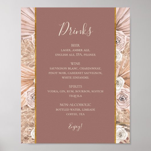Poster Boho Botanical Dusty Rose Mariage Boissons Menu Si (Devant)