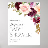 Poster Boho Bourgogne et fleurs de pêche Baby shower d'au (Devant)