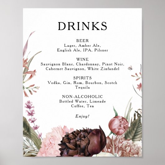 Poster Boho Bourgogne Floral Mariage Boissons Menu Signer (Devant)