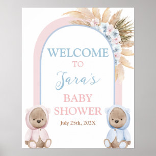 Poster Boho Boy Girl Twins Bear Baby shower de bienvenue