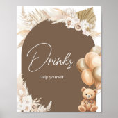 Poster Boho Brown Bear Balloon Baby shower Boissons (Devant)