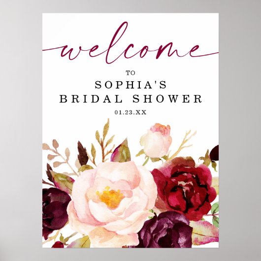 Poster Boho Burgundy Floral Bridal Shower Welcome Sign (Devant)
