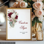 Poster Boho Burgundy White Garden Rose Mariage personnali<br><div class="desc">✅ Pour les objets correspondants chercher 208W dans mes collections ✅ Bienvenue à vos invités avec style et élégance en utilisant ce signe personnalisé mariage boho, avec des roses aquarelles bordeaux et blanches accentuées de feuilles dorés chatoyants. Conçu dans une riche palette de bordeaux, marsala, marron, rouge foncé, rouge foncé,...</div>