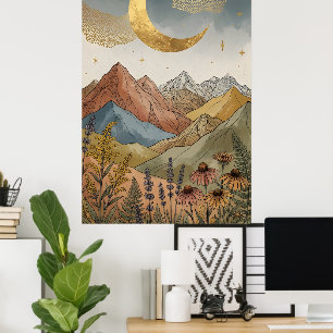 Poster Boho Céleste Lune Croissante Montagne en Or