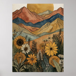 Poster Boho Céleste Soleil Doré Montagne Tournesol