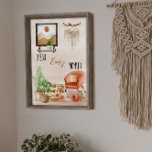 Poster Boho Chic Accueil Citation Profitez de chaque inst<br><div class="desc">Décor maison bohème avec un fauteuil moderne du milieu du siècle avec des coussins et vos chaussons préférés,  quelques plantes et un tapis avec un tableau au mur et une penderie en macrame. Boho chic "Enjoy Every Moment" citation modifiable / disant. Conception composite par Holiday Hearts Designs.</div>